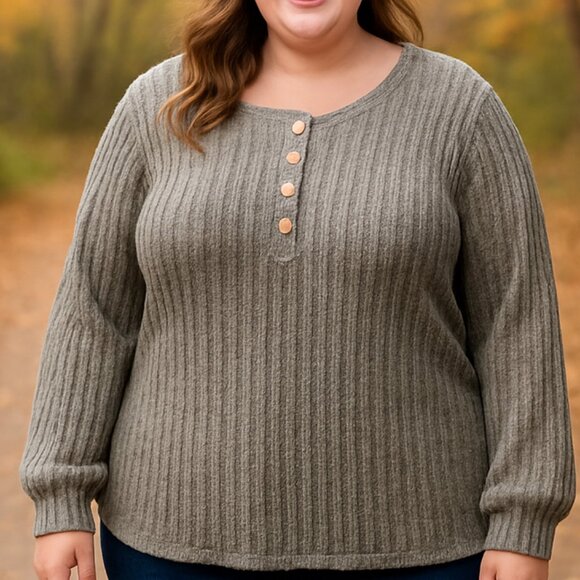 DB MOON Ribbed Olive Henley-Style Knit Top β 2XL - Picture 1 of 12